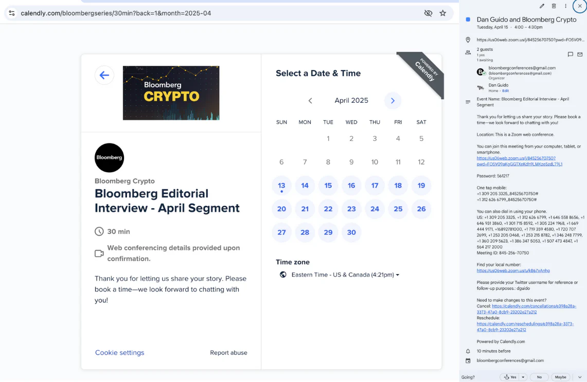 SCREENSHOT: Calendly booking page used by the attackers to schedule fake Bloomberg interviews and meeting invite from &ldquo;Bloomberg Crypto&rdquo;