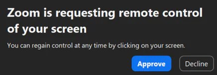 SCREENSHOT: Example of the Zoom remote control request dialog showing a forged name &ldquo;Zoom&rdquo; as the requester